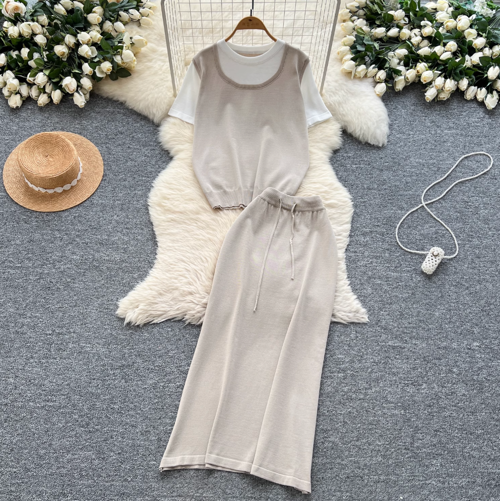 Patchwork Knitwear & Drawstring Skirt 2Pcs