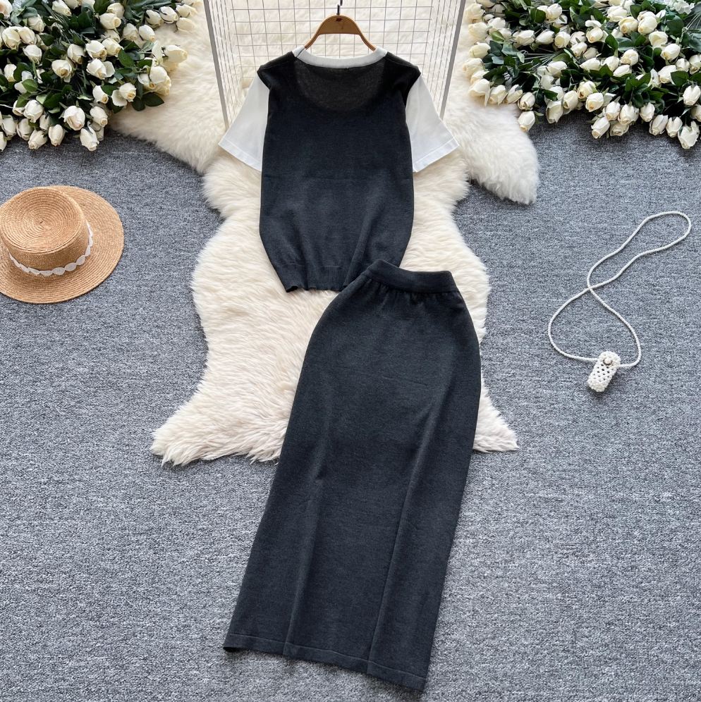 Patchwork Knitwear & Drawstring Skirt 2Pcs
