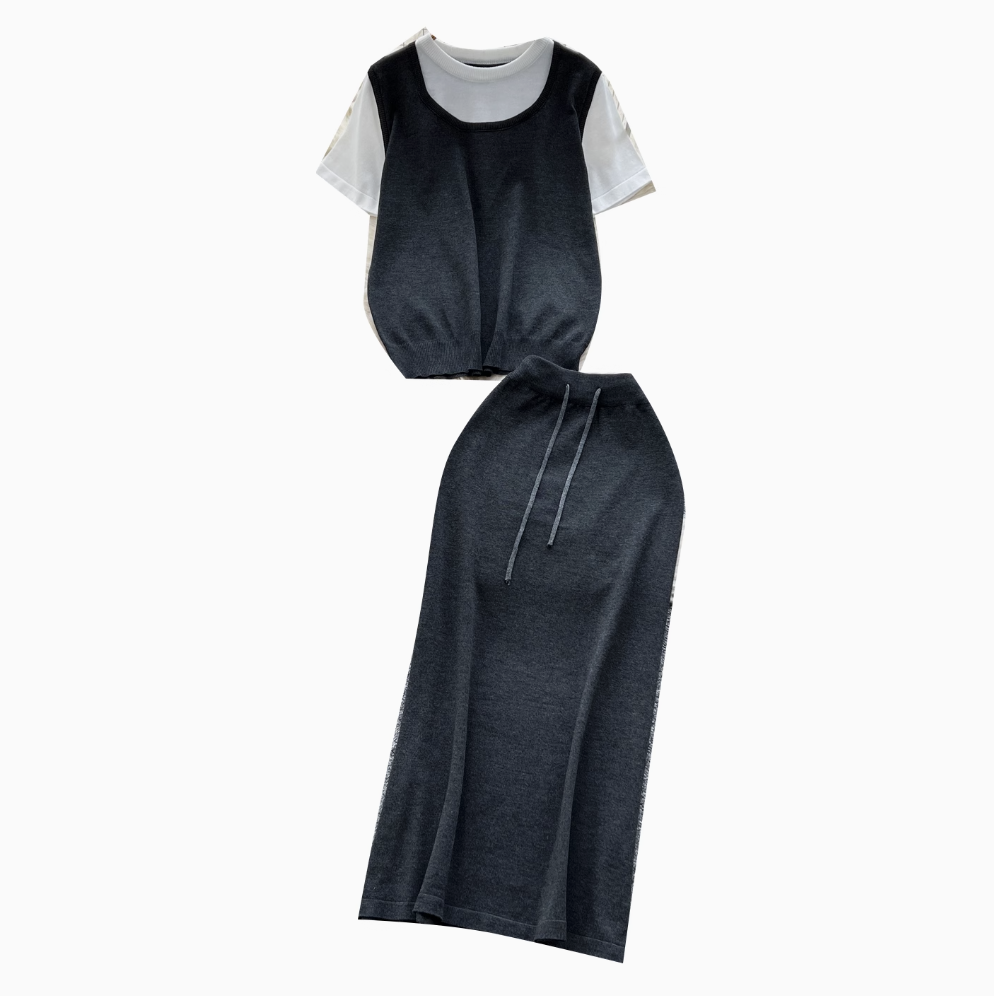 Patchwork Knitwear & Drawstring Skirt 2Pcs