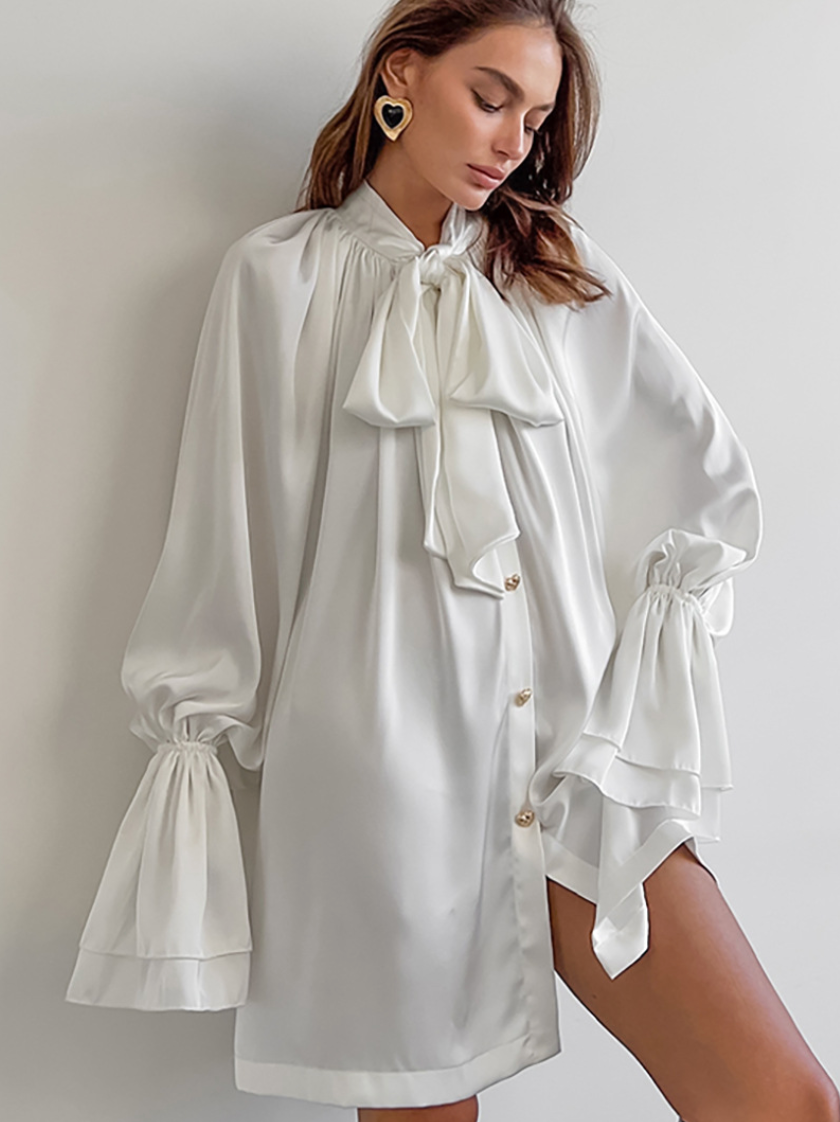 Courtly Solid Color Satin Shirt Dress