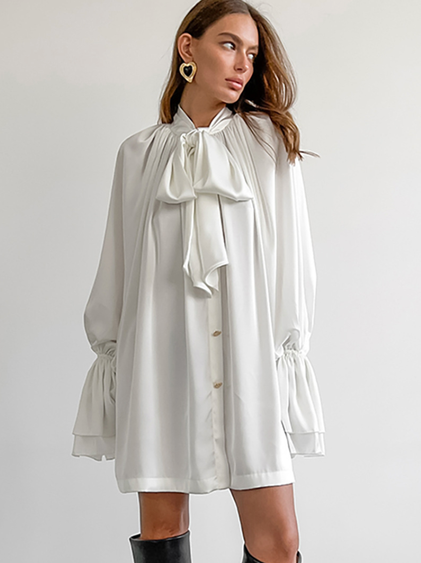 Courtly Solid Color Satin Shirt Dress