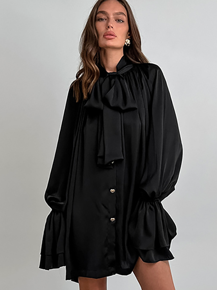 Courtly Solid Color Satin Shirt Dress