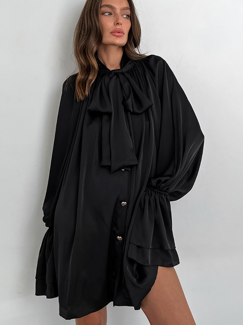 Courtly Solid Color Satin Shirt Dress