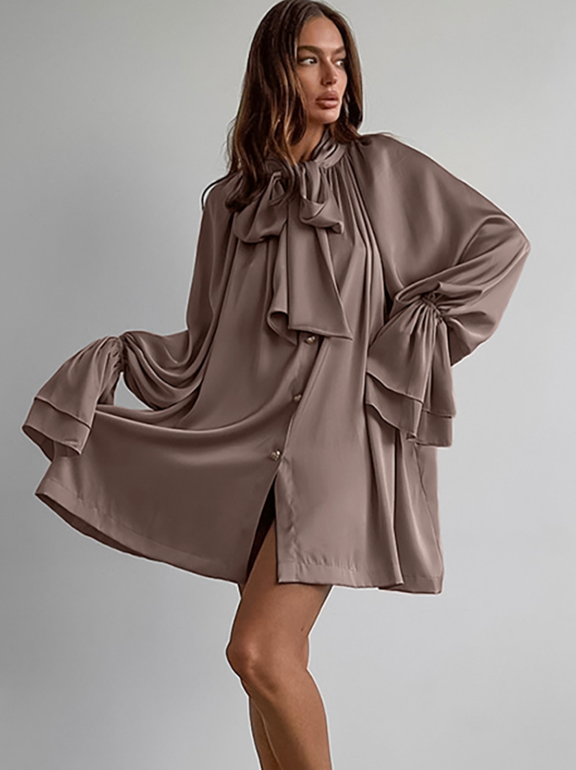 Courtly Solid Color Satin Shirt Dress