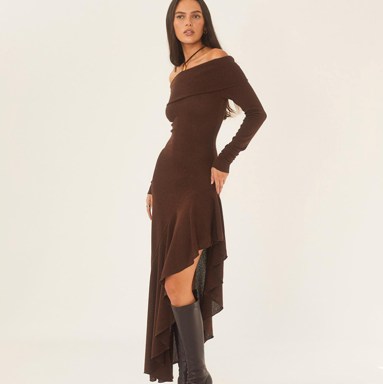 Off-shoulder Brown Ruffled Dress
