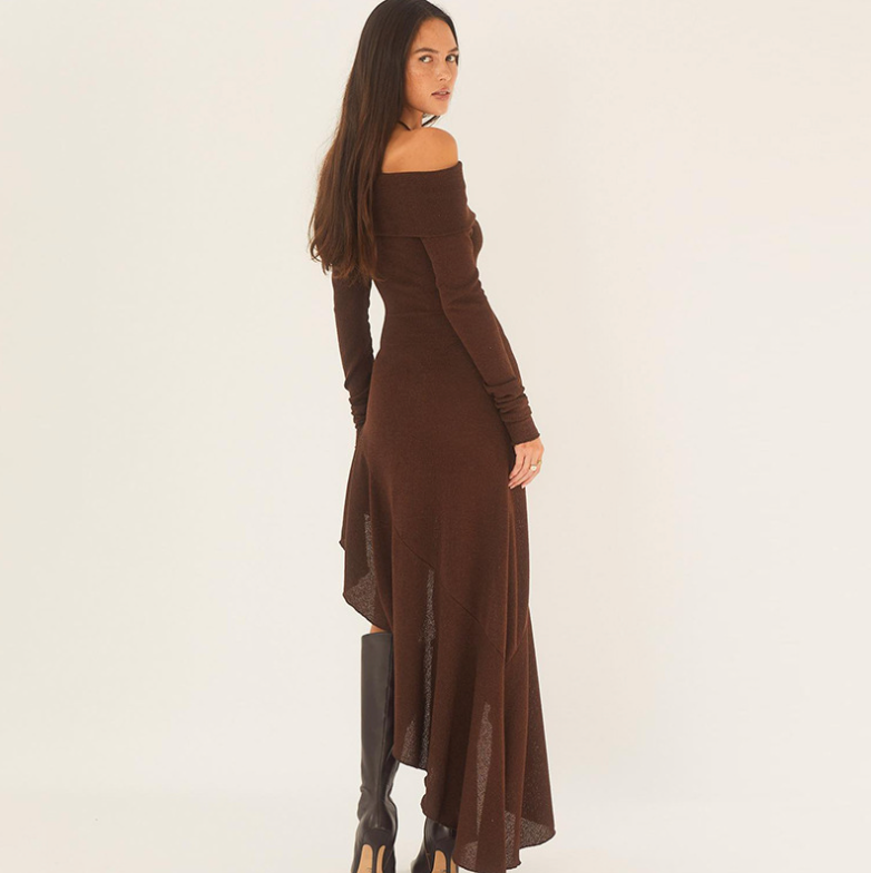 Off-shoulder Brown Ruffled Dress
