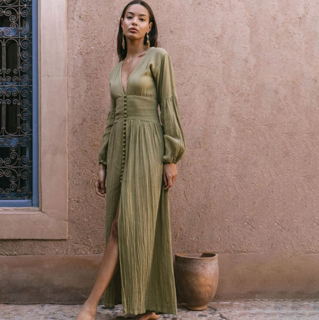Vintage V-neck Pleated Split Dress