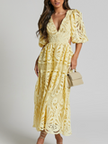 Elegant V-neck Embroidered Lace Dress