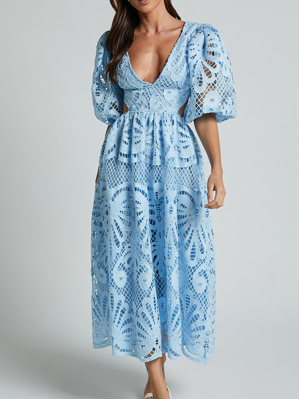 Elegant V-neck Embroidered Lace Dress