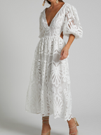 Elegant V-neck Embroidered Lace Dress