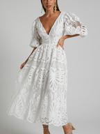 Elegant V-neck Embroidered Lace Dress