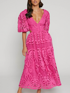 Elegant V-neck Embroidered Lace Dress