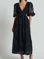 Elegant V-neck Embroidered Lace Dress