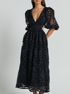 Elegant V-neck Embroidered Lace Dress