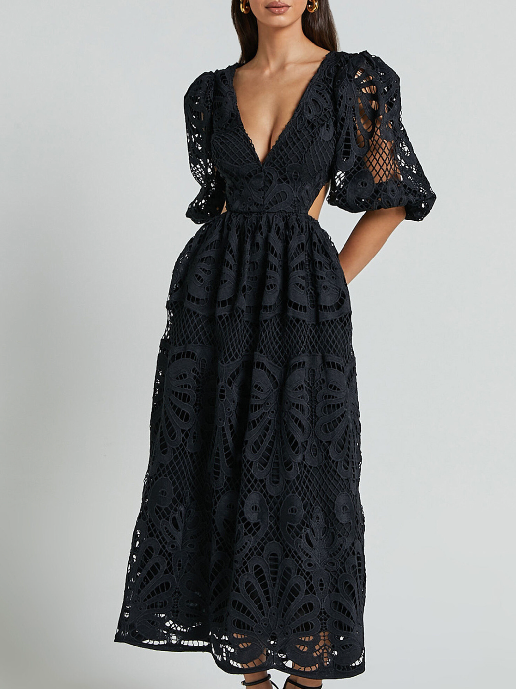 Elegant V-neck Embroidered Lace Dress