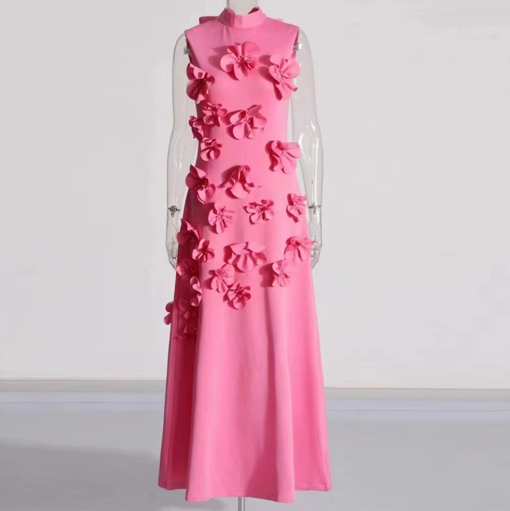 Turtleneck 3D Flower Sleeveless Dress