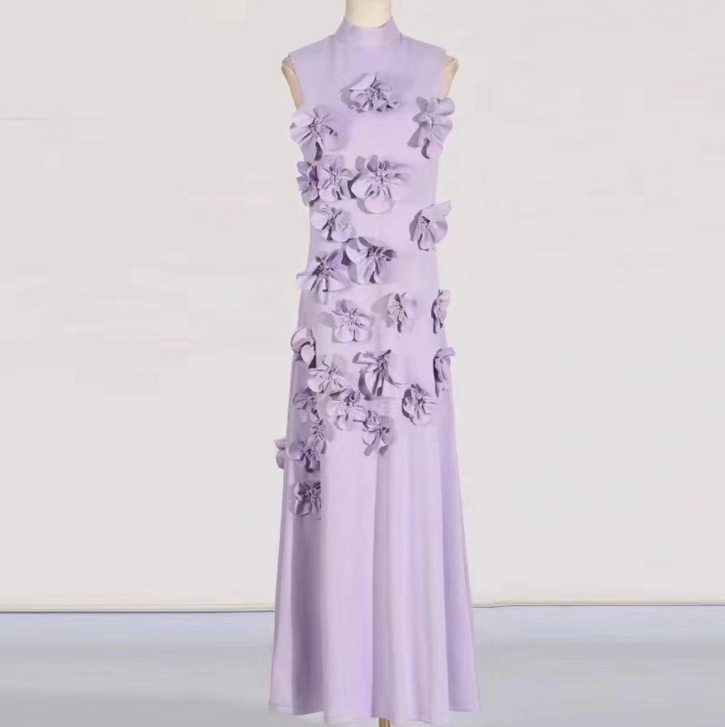 Turtleneck 3D Flower Sleeveless Dress