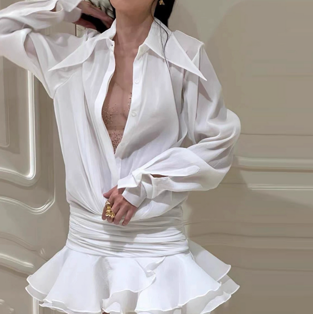 V-neck Ruffled Mesh White Shirt Dress