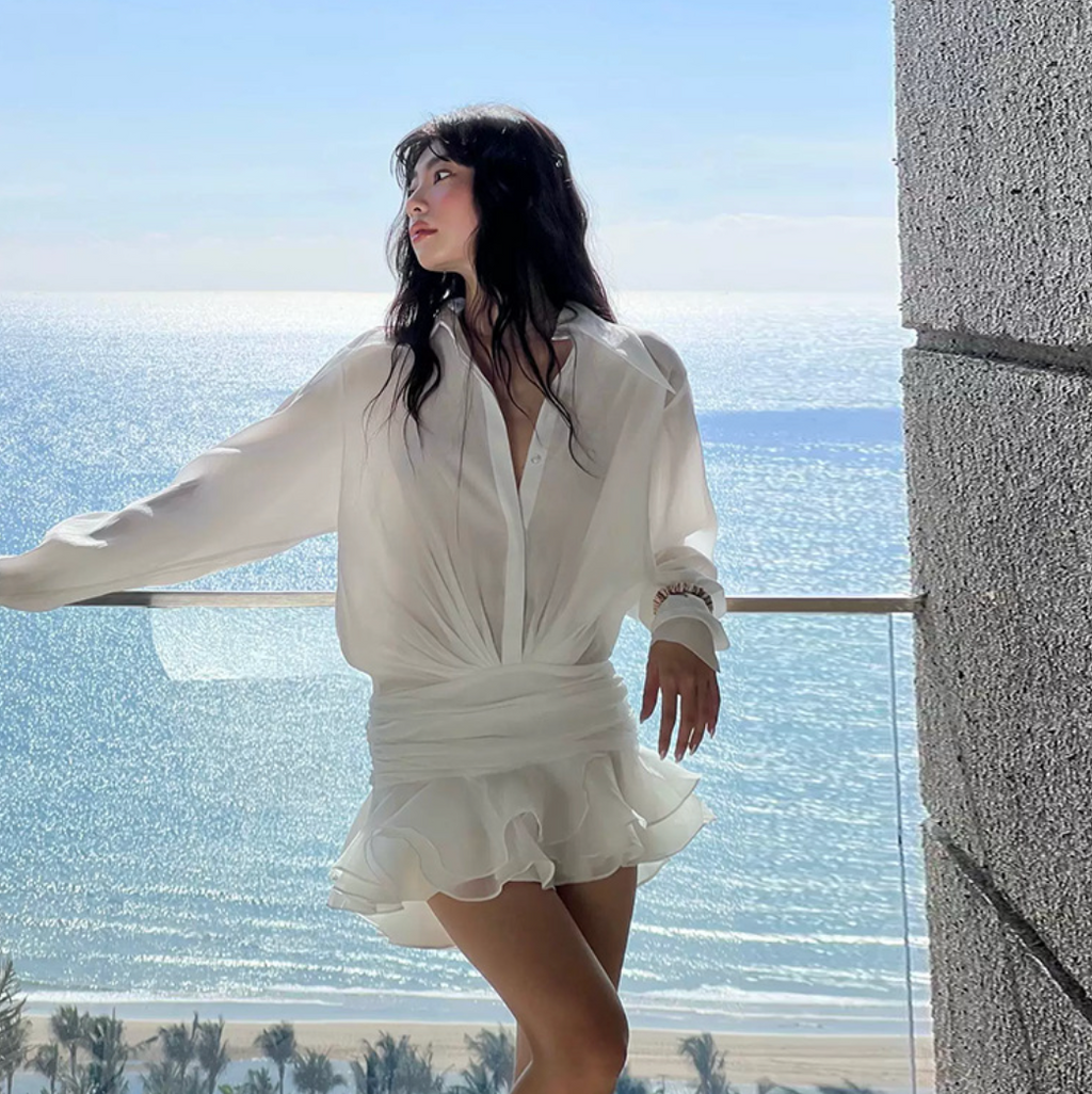 V-neck Ruffled Mesh White Shirt Dress