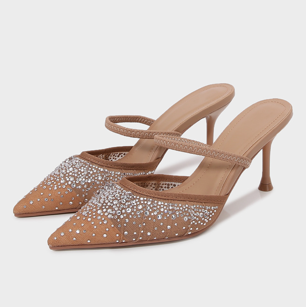 Rhinestone Studded Mesh Mid-heeled Sandals