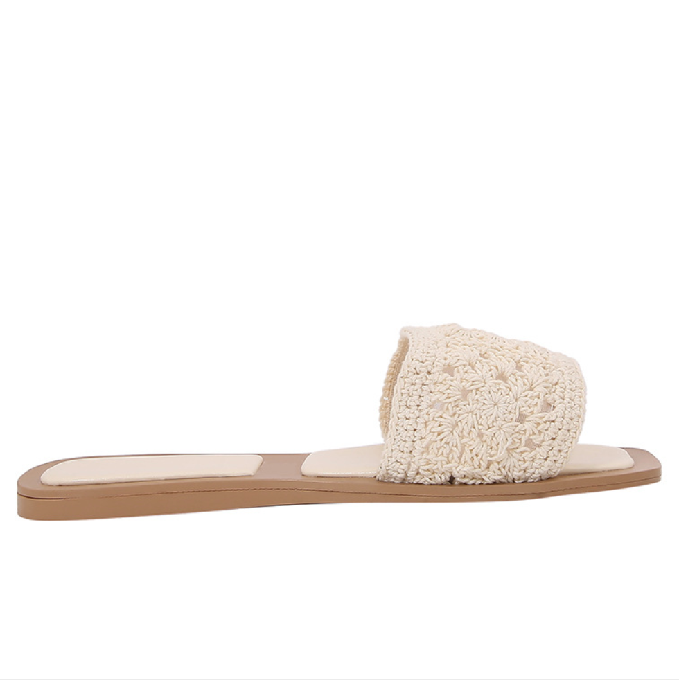 Beige Woven Flat Heel Slippers