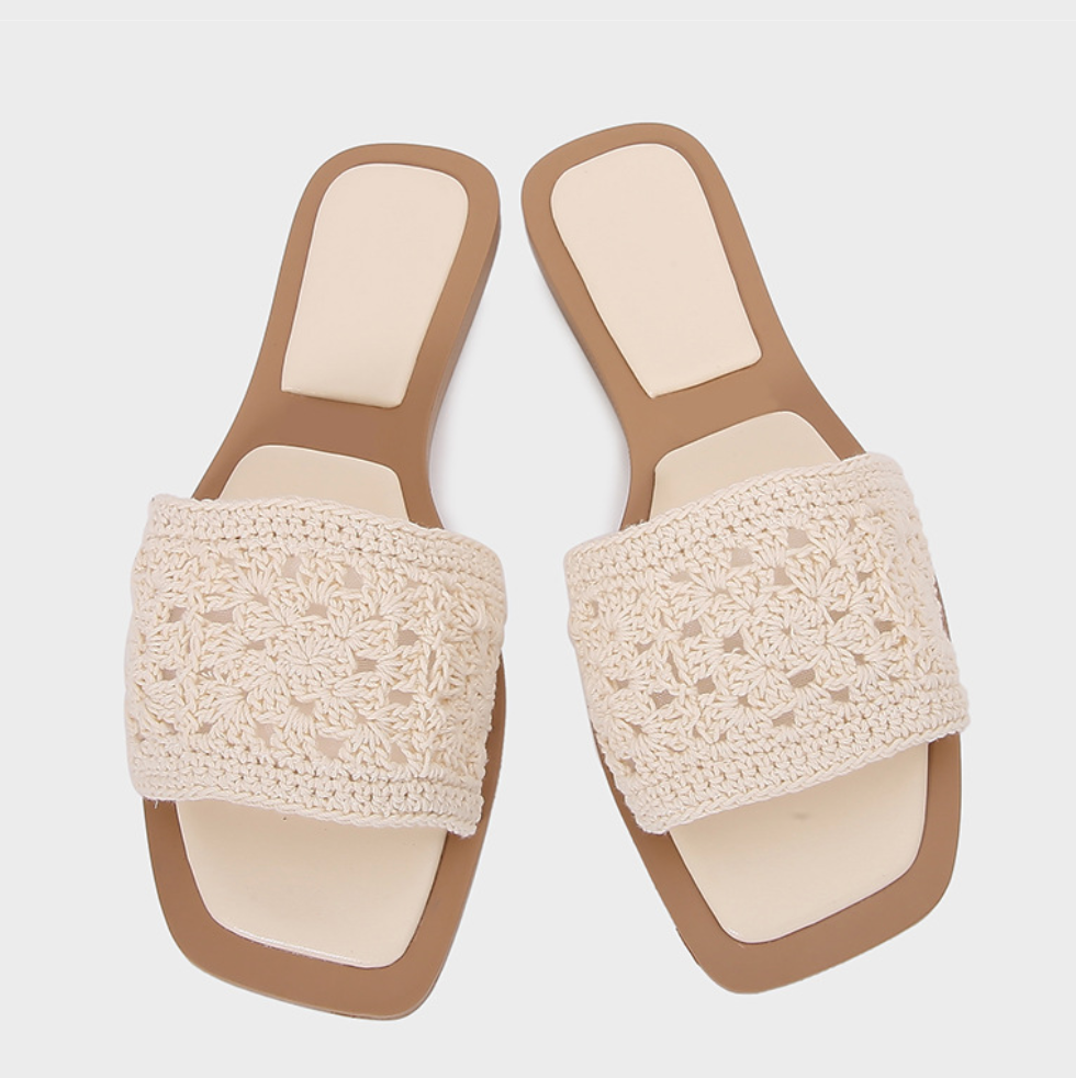 Beige Woven Flat Heel Slippers