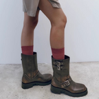Vintage Buckle Trimmed Biker Boots