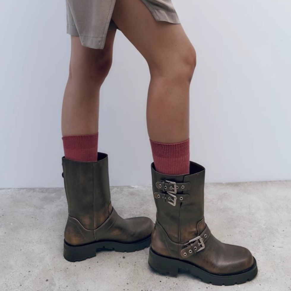 Vintage Buckle Trimmed Biker Boots