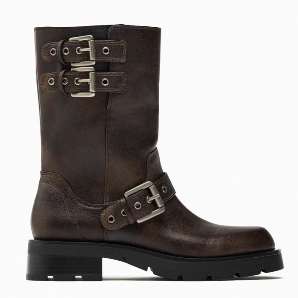 Vintage Buckle Trimmed Biker Boots
