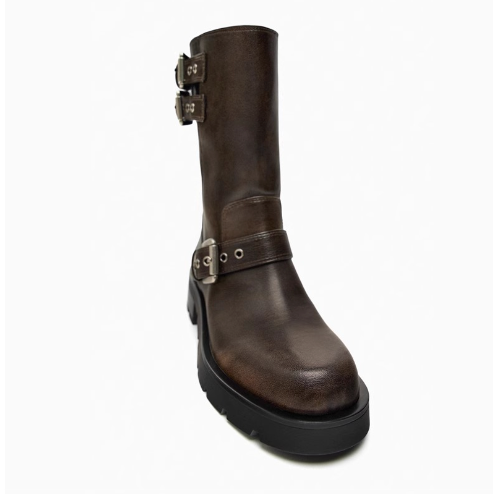 Vintage Buckle Trimmed Biker Boots