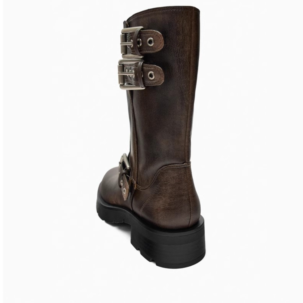 Vintage Buckle Trimmed Biker Boots