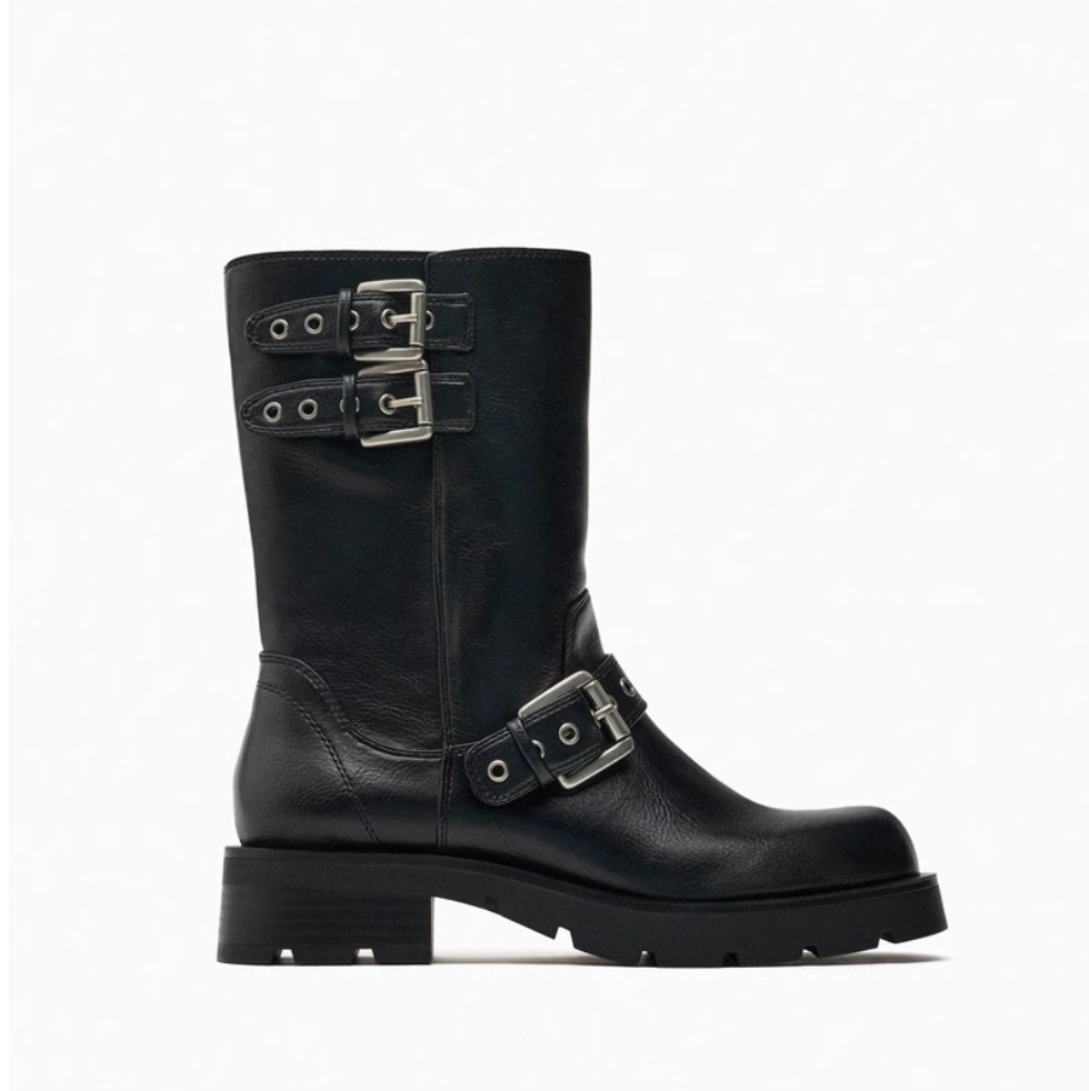 Vintage Buckle Trimmed Biker Boots
