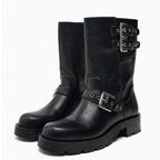 Vintage Buckle Trimmed Biker Boots