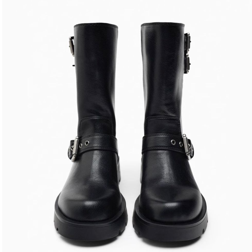 Vintage Buckle Trimmed Biker Boots