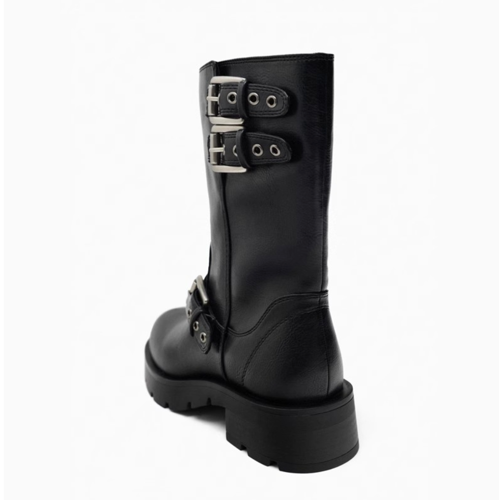 Vintage Buckle Trimmed Biker Boots