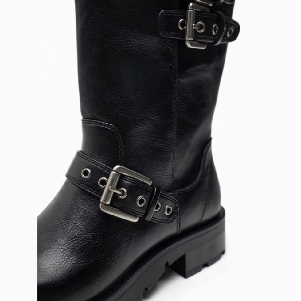 Vintage Buckle Trimmed Biker Boots