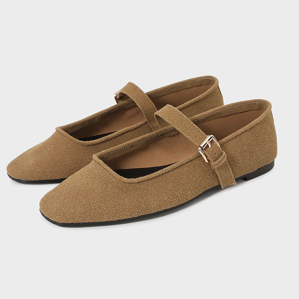 Faux Suede Vintage Buckled Ballet Flats