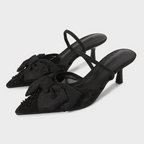Bow Embellished Black Mesh Heeled Sandals