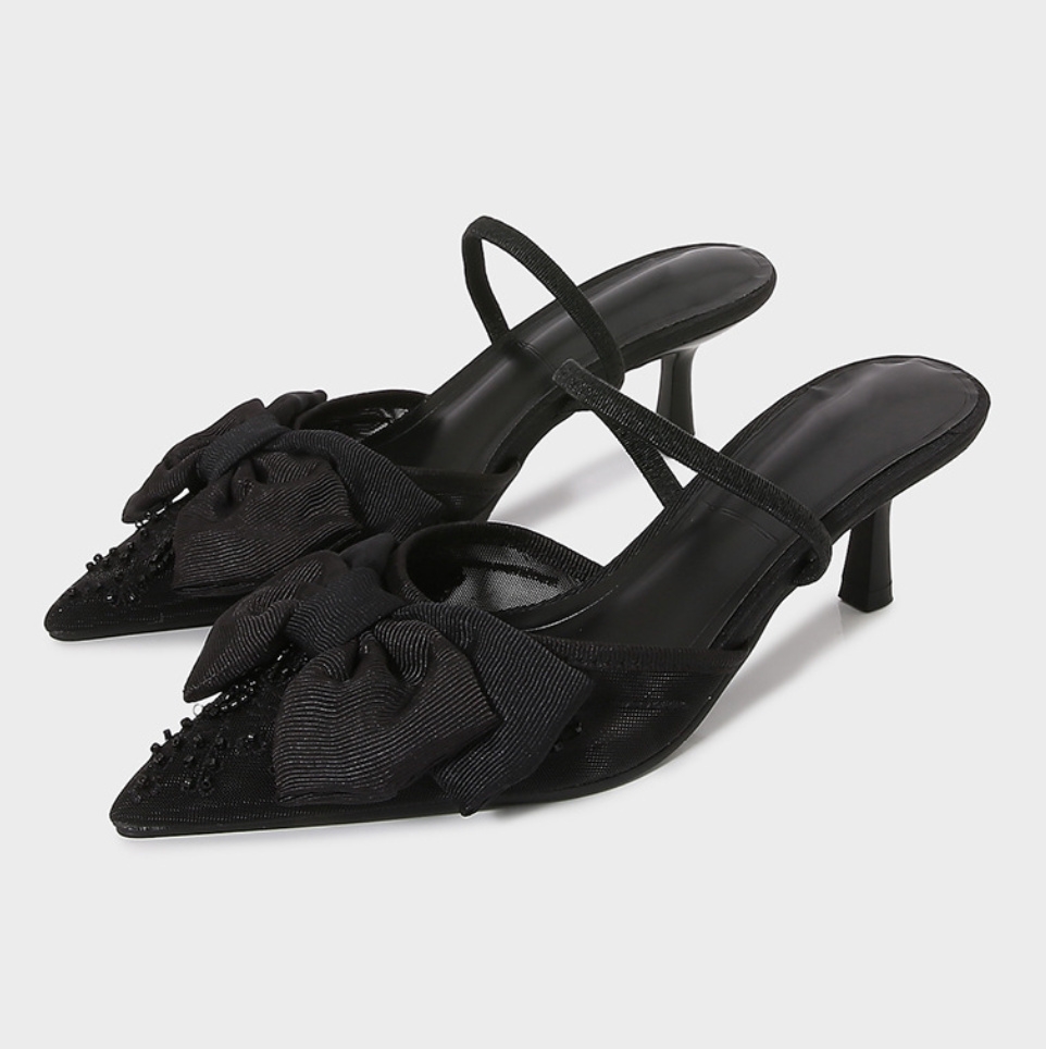 Bow Embellished Black Mesh Heeled Sandals