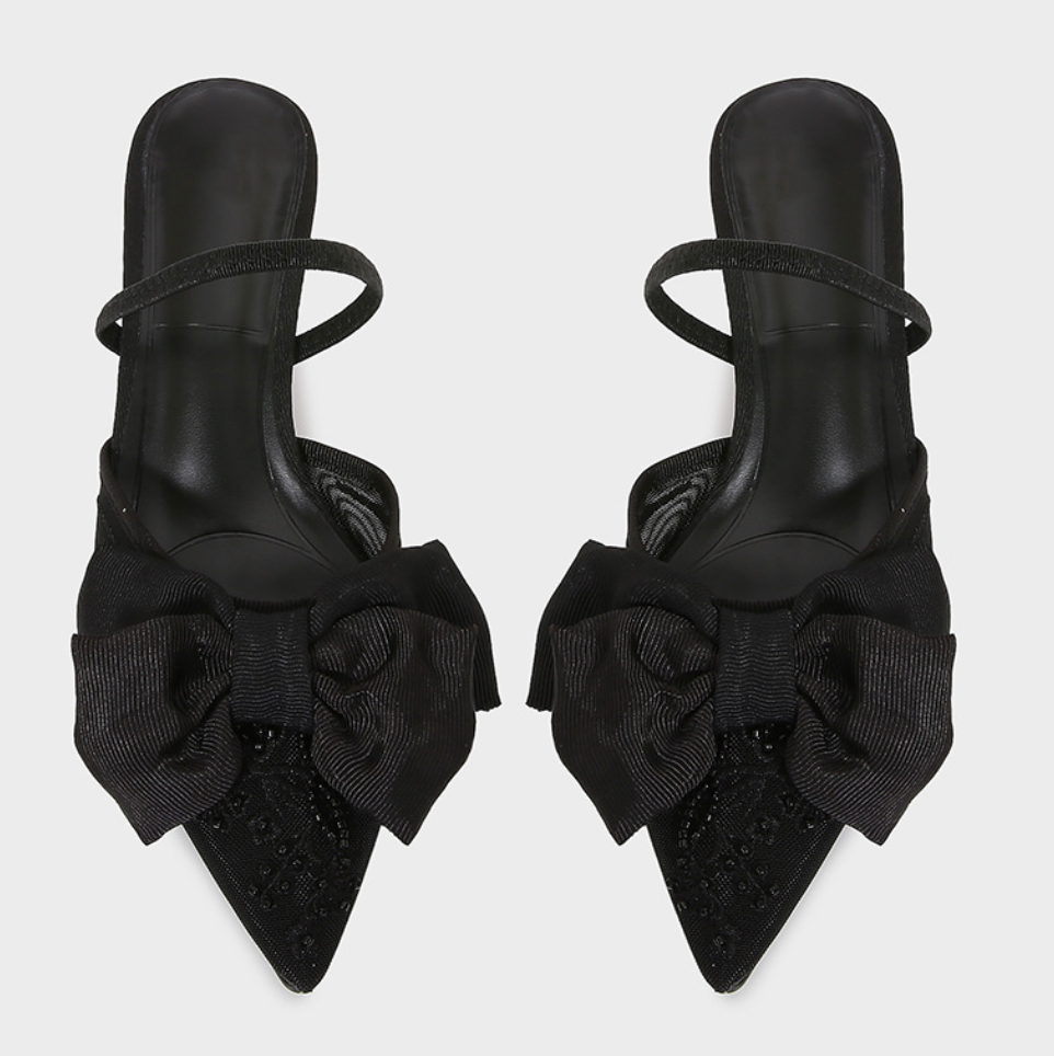 Bow Embellished Black Mesh Heeled Sandals