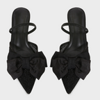 Bow Embellished Black Mesh Heeled Sandals