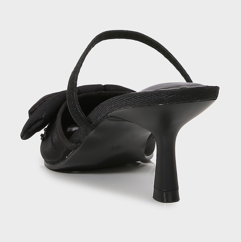 Bow Embellished Black Mesh Heeled Sandals