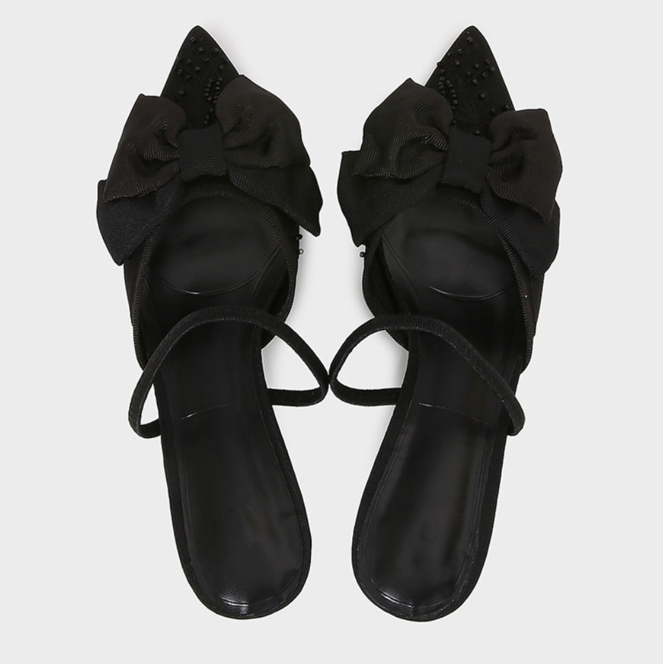 Bow Embellished Black Mesh Heeled Sandals