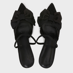 Bow Embellished Black Mesh Heeled Sandals