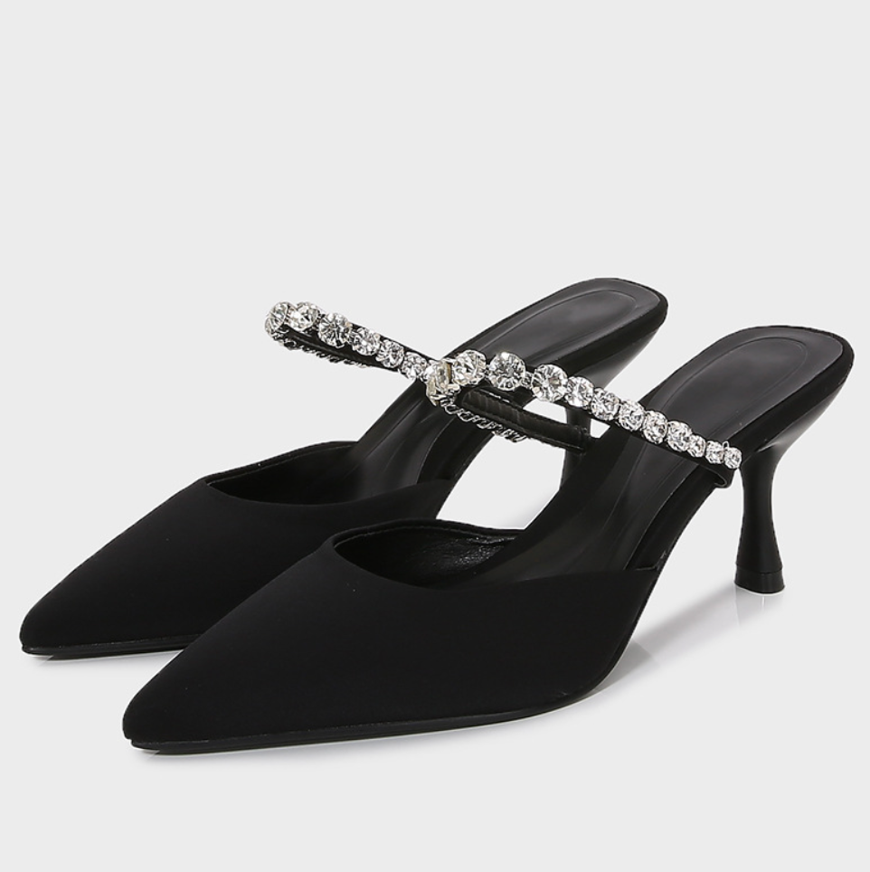 Black Satin Rhinestone Heeled Sandals