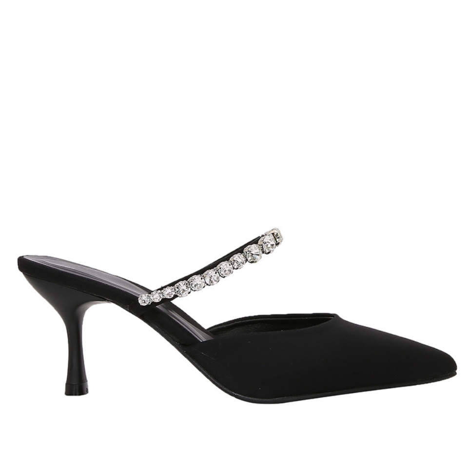 Black Satin Rhinestone Heeled Sandals