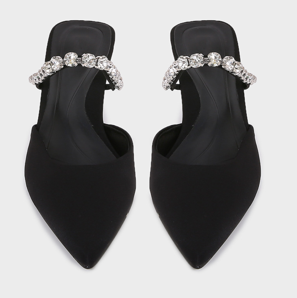 Black Satin Rhinestone Heeled Sandals