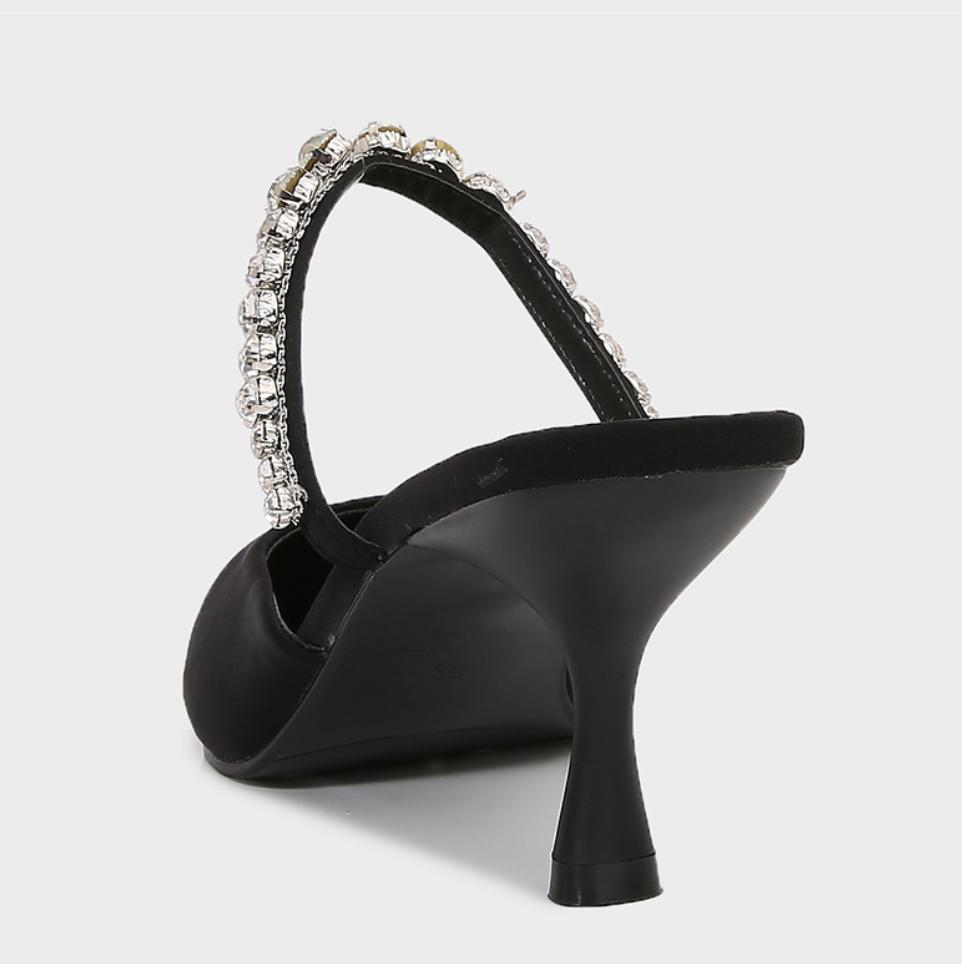 Black Satin Rhinestone Heeled Sandals