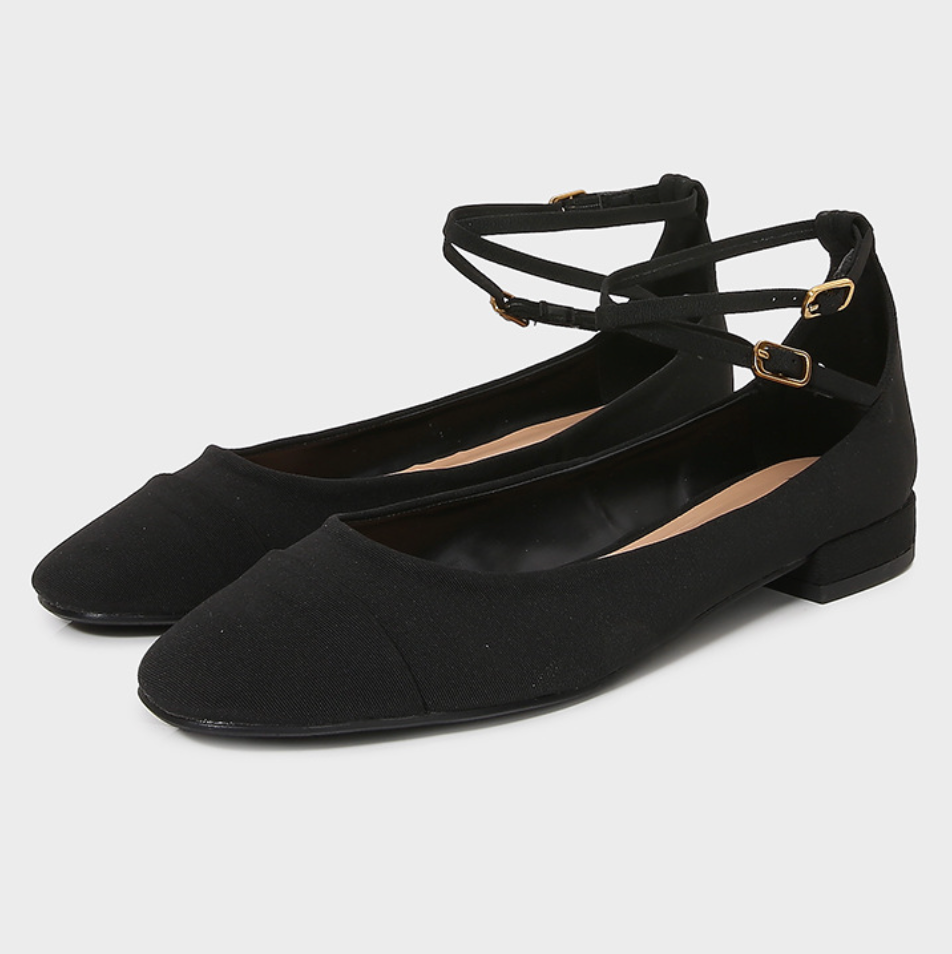 Black Lace-up Fabric Pumps Ballet Flats