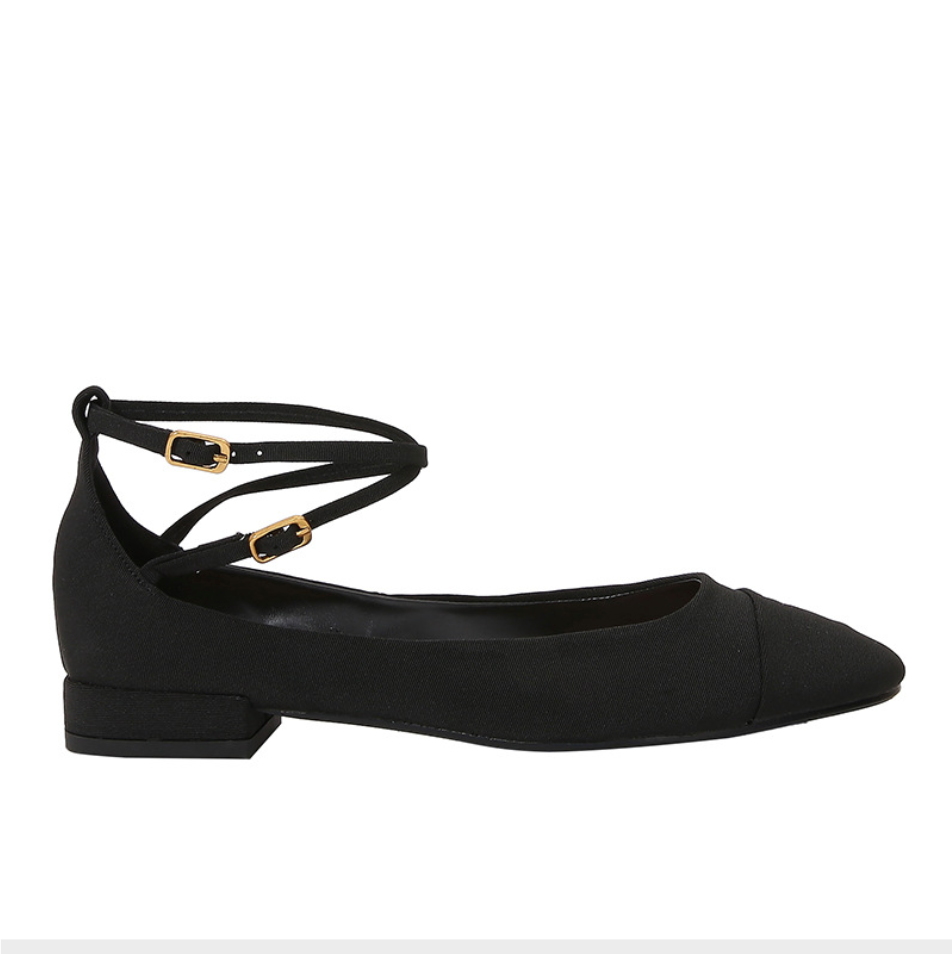 Black Lace-up Fabric Pumps Ballet Flats